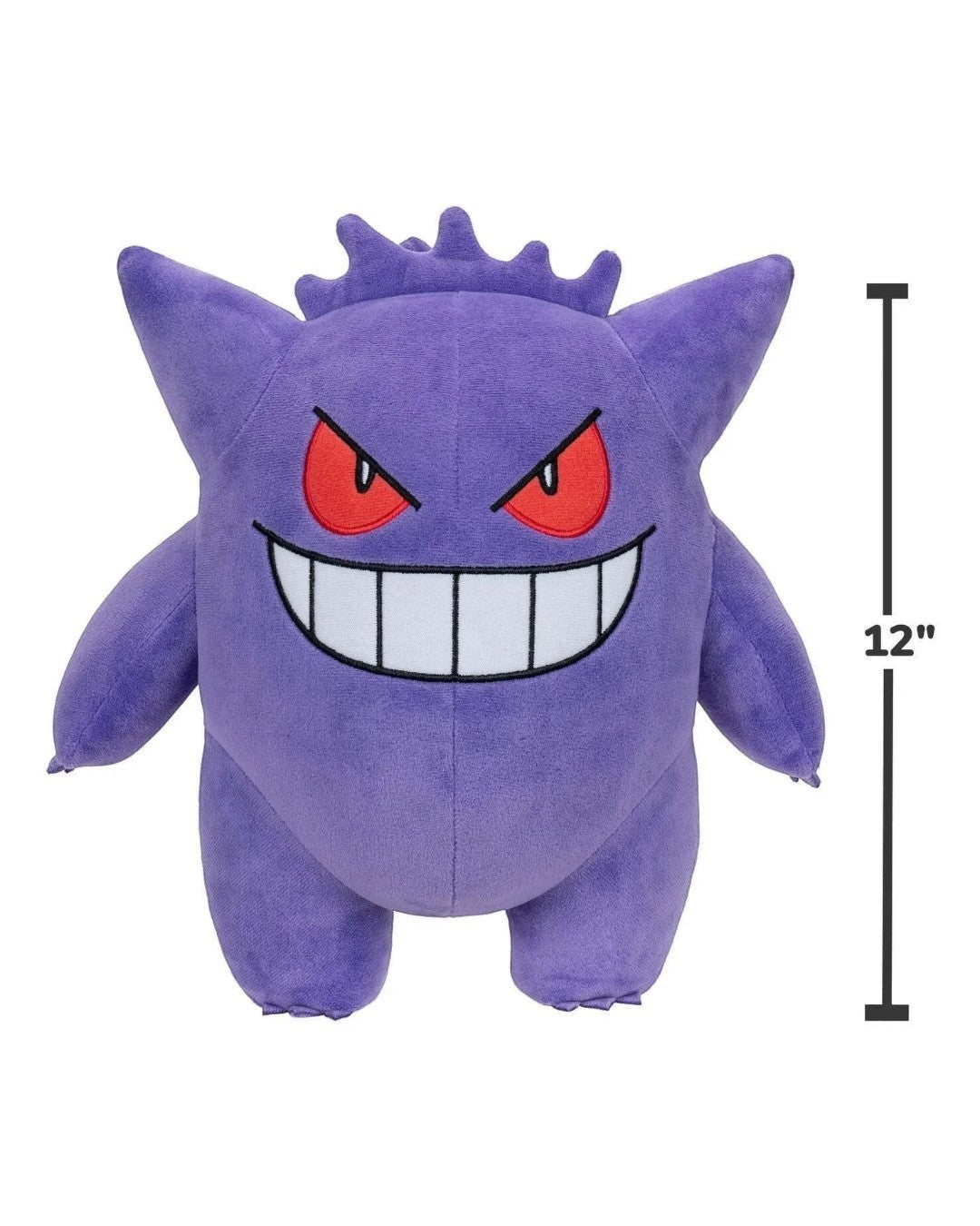 VaultifyUK 12-inch Gengar plush toy with soft purple fabric, embroidered red eyes, and a wide white grin.