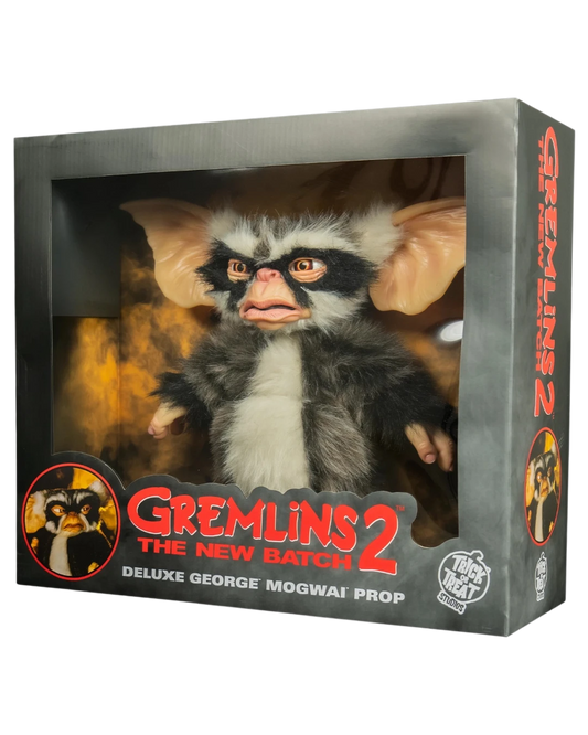 VaultifyUK 1:1 scale George Mogwai prop from Gremlins 2 in its original window display box with faux fur and scowl.