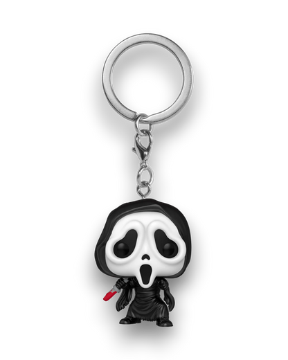 VaultifyUK Funko Pop! Ghost Face keychain featuring the iconic black robed figure holding a small red-handled knife.