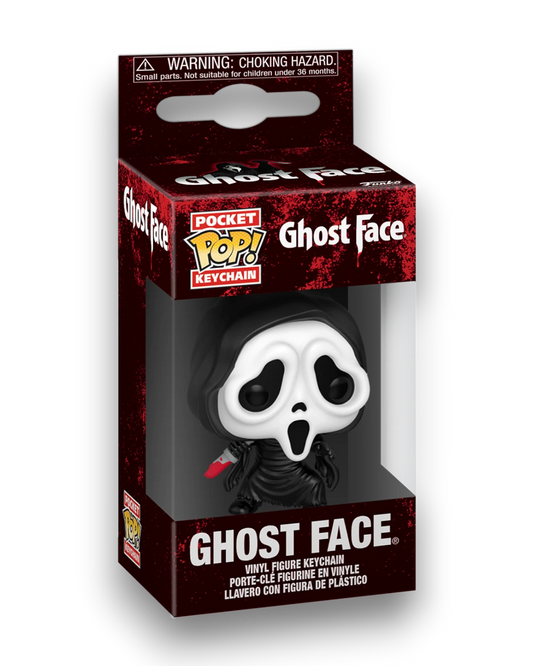 VaultifyUK Funko Pop! Ghost Face keychain featuring the iconic screaming mask and knife in a display box