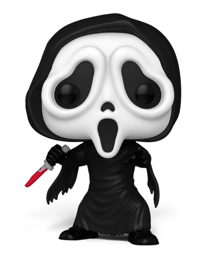 VaultifyUK Funko Pop! #1607 Ghost Face vinyl figure with glow in the dark finish, black robe, and toy knife.
