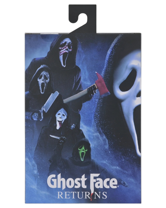 VaultifyUK NECA Scream Ghost Face Returns action figure packaging featuring multiple masked killer variants and weapons