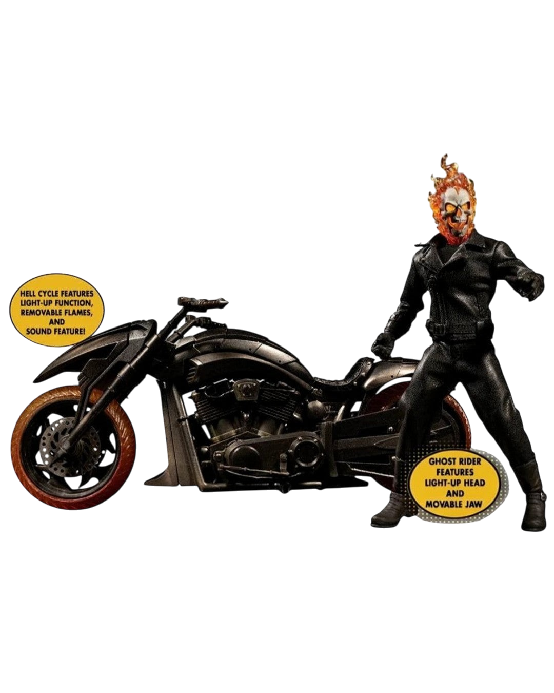 VaultifyUK Mezco One:12 Collective Ghost Rider action figure with light-up flaming skull and detailed Hell Cycle