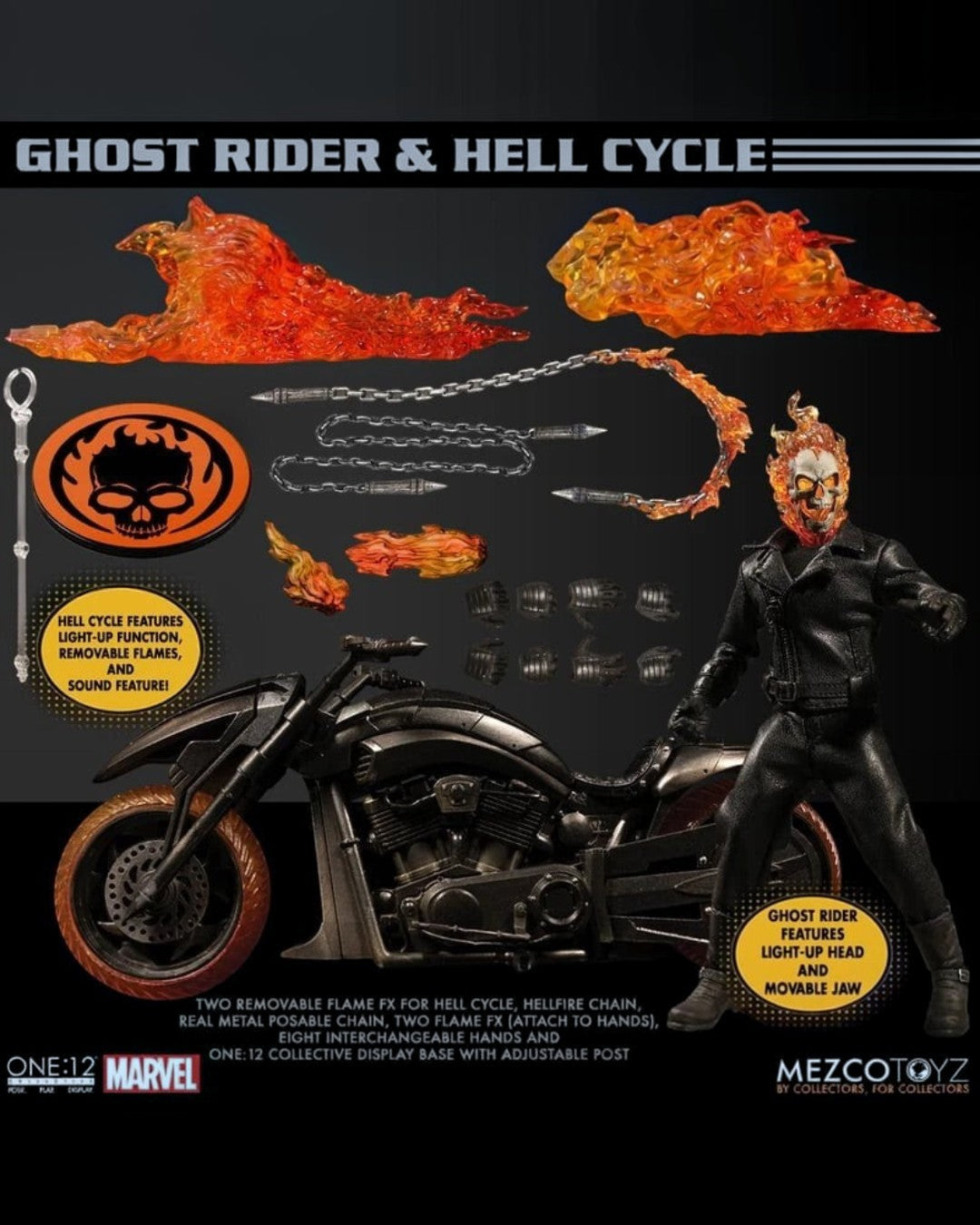 VaultifyUK Mezco One:12 Collective Ghost Rider action figure with Hell Cycle, metal chain, and flame accessories.