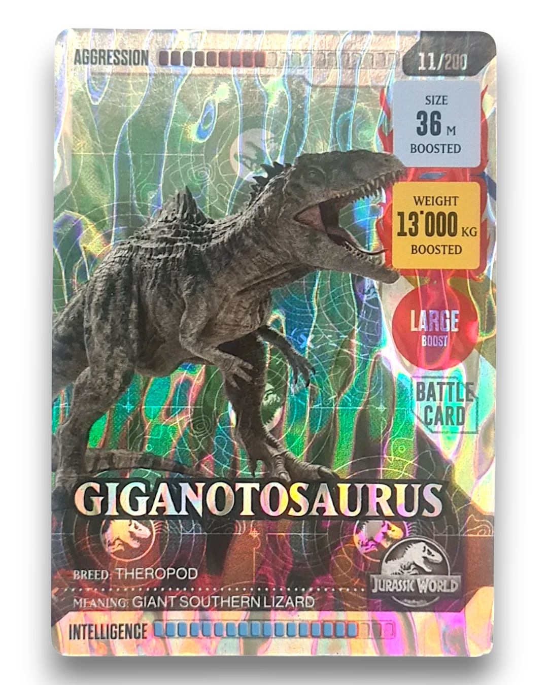 VaultifyUK Jurassic World ROAR! Giganotosaurus 11/200 iridescent trading card with holographic foil finish