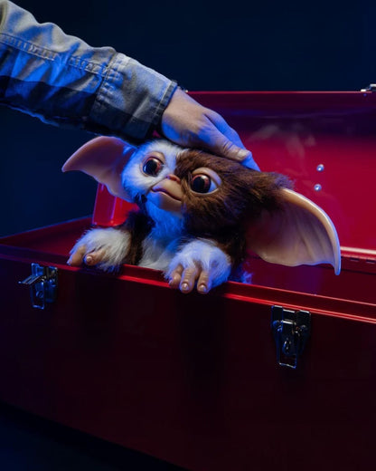 VaultifyUK 1:1 scale Gizmo Mogwai prop from Gremlins 2 with brown and white faux fur, being petted in a red toolbox.