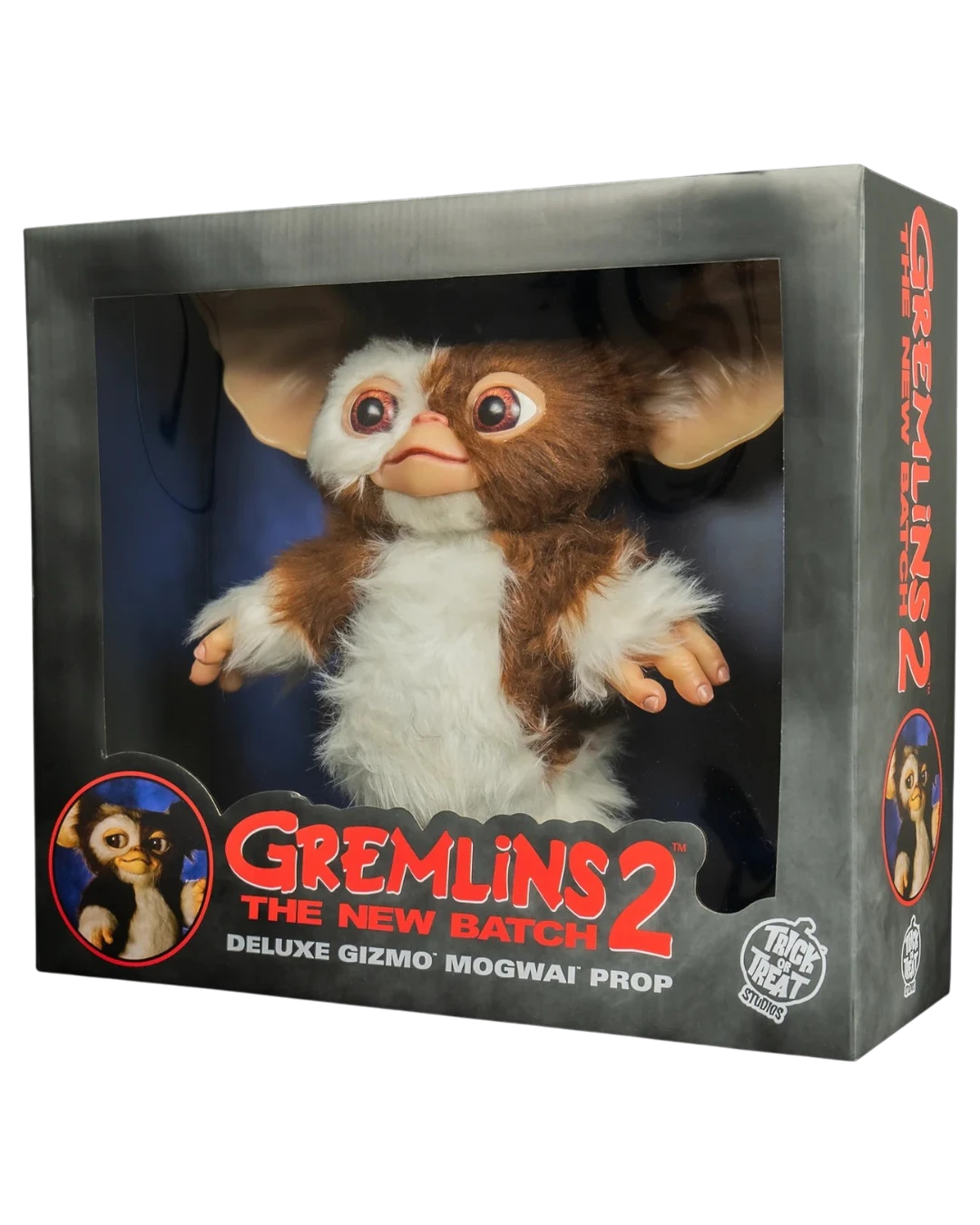 VaultifyUK 1:1 scale Gizmo Mogwai prop from Gremlins 2 in its original window display box with brown and white faux fur.