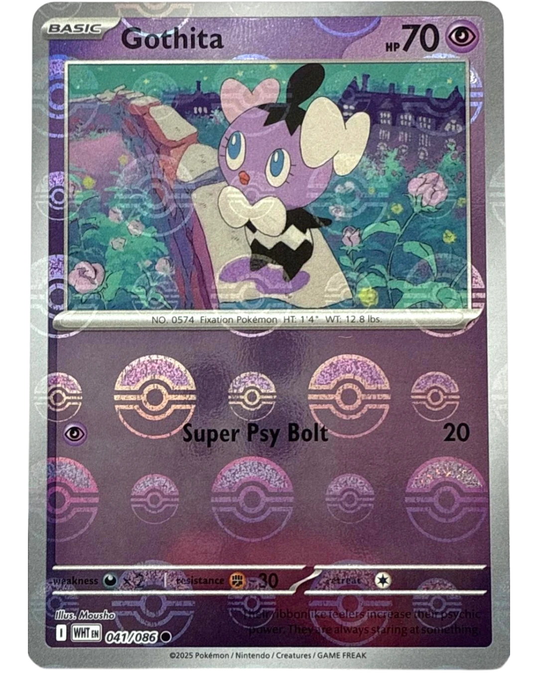 VaultifyUK Gothita 041/086 Psychic-type Pokémon card with a White Flare Poké Ball reverse holo foil pattern.