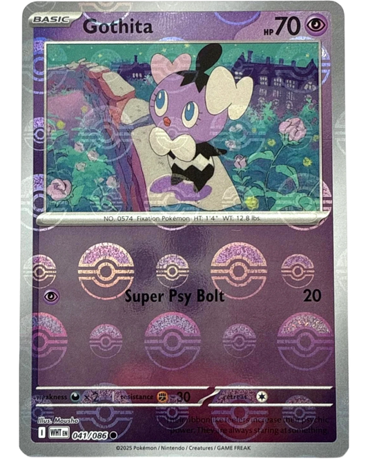 VaultifyUK Gothita 041/086 Psychic-type Pokémon card with a White Flare Poké Ball reverse holo foil pattern.