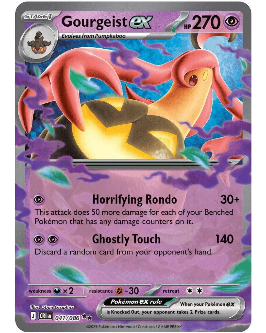 VaultifyUK Pokémon TCG Gourgeist ex 041/086 Chaos Rising card featuring purple and orange pumpkin-inspired artwork.