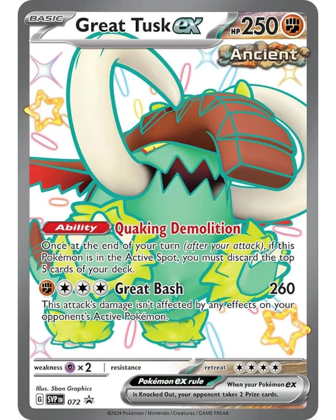 VaultifyUK Pokémon TCG Great Tusk ex SVP072 full art shiny promo card featuring a green and brown creature design.