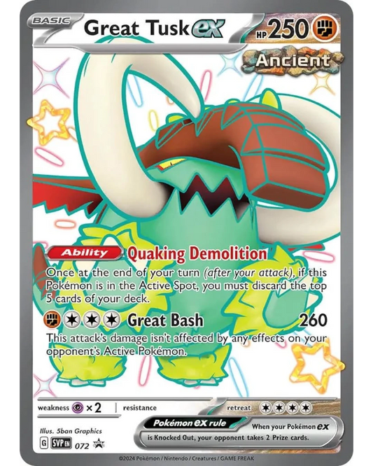 VaultifyUK Pokémon TCG Great Tusk ex SVP072 full art shiny promo card featuring a green and brown creature design.