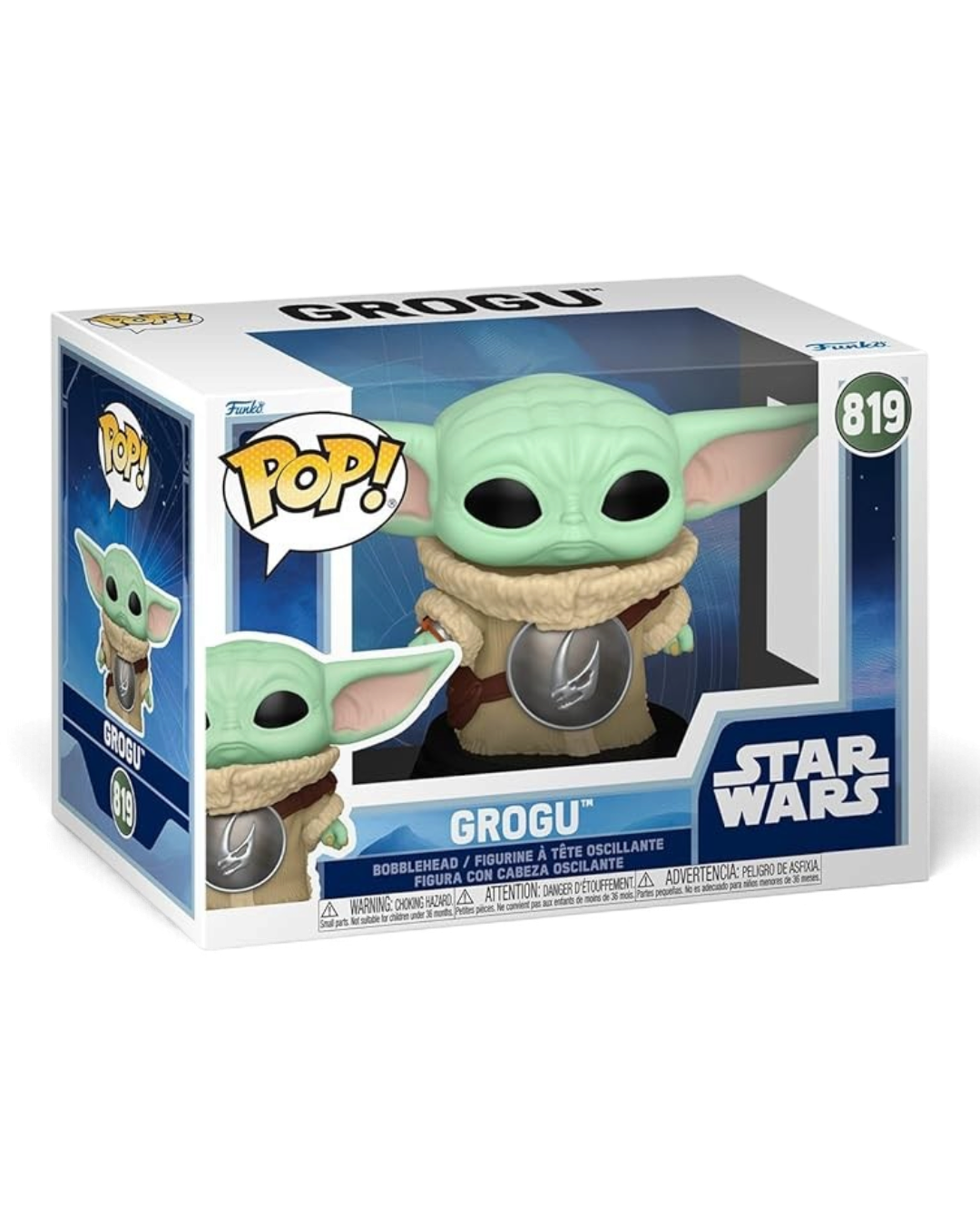 Funko Pop! #819 Grogu with Mudhorn crest, The Mandalorian and Grogu, in its window display box