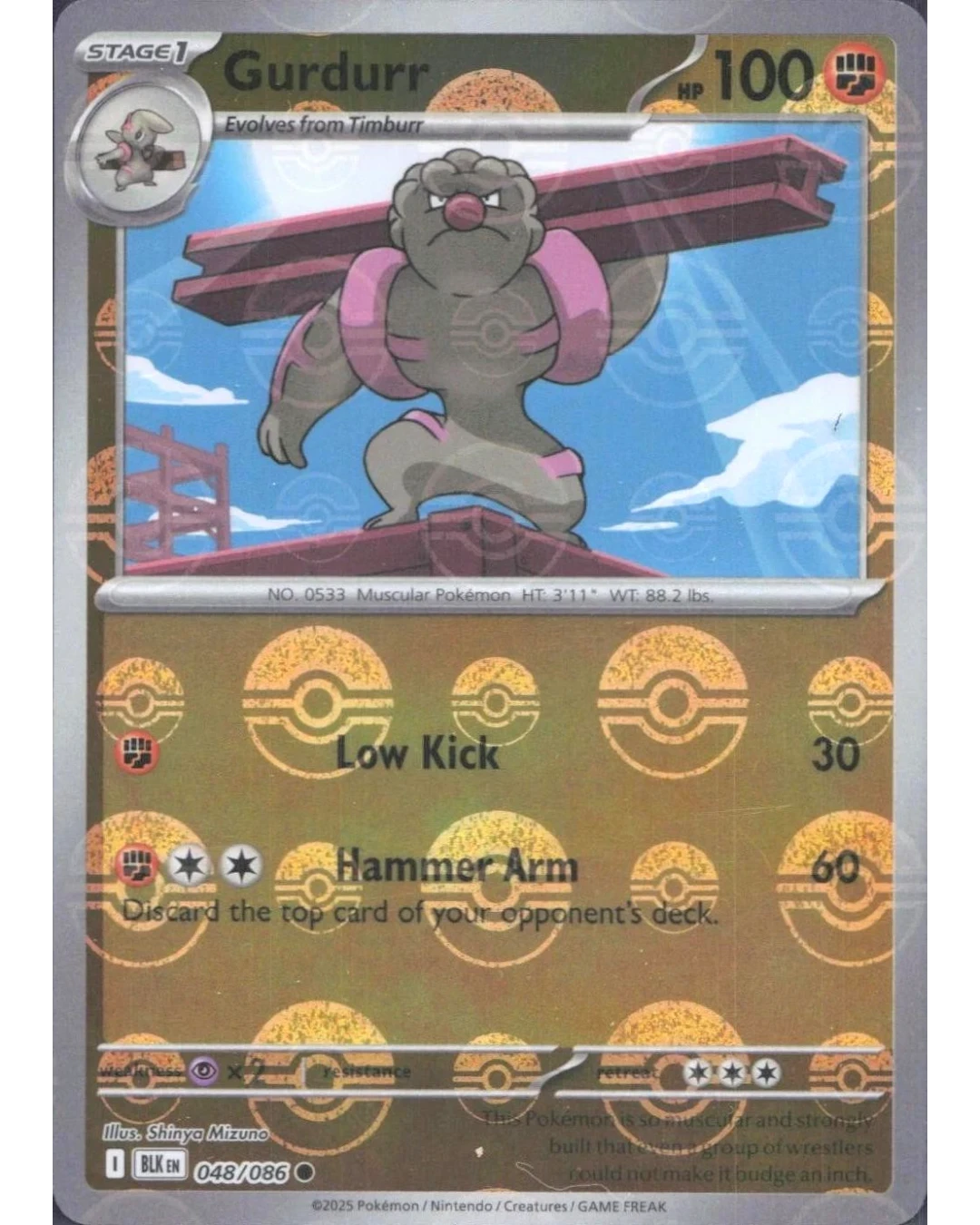 VaultifyUK Gurdurr 048/086 Pokémon TCG card featuring a unique gold Poké Ball pattern reverse holo foil finish.