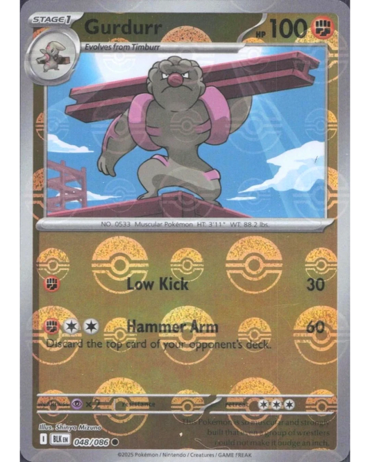 VaultifyUK Gurdurr 048/086 Pokémon TCG card featuring a unique gold Poké Ball pattern reverse holo foil finish.