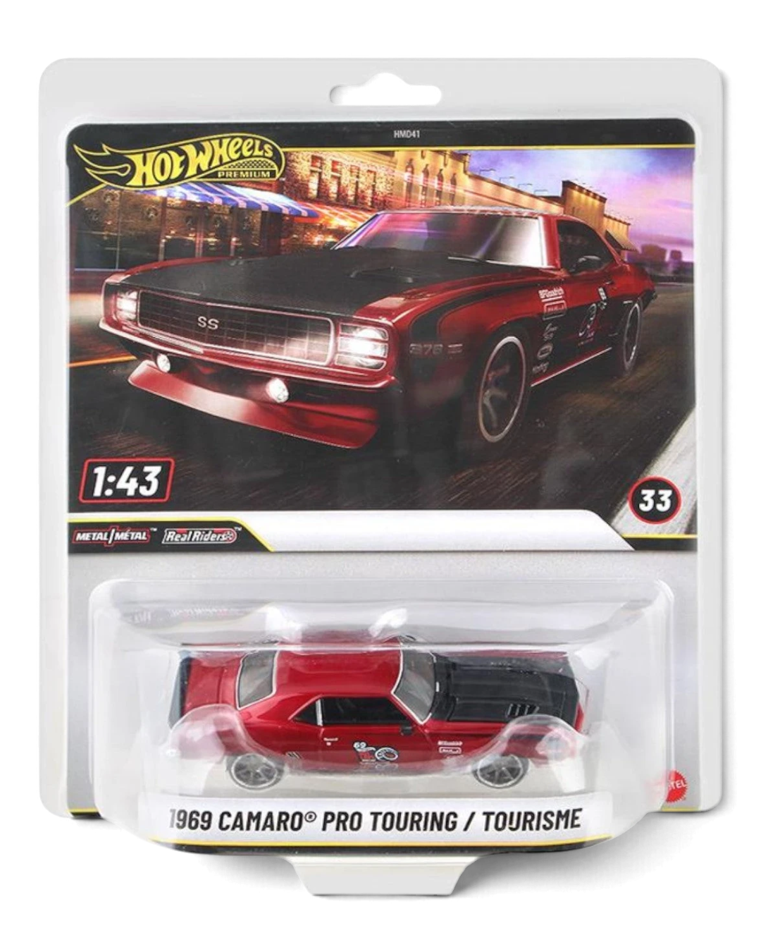 Hot Wheels Premium 1:43 1969 Camaro Pro Touring die-cast car in red in its clamshell pack