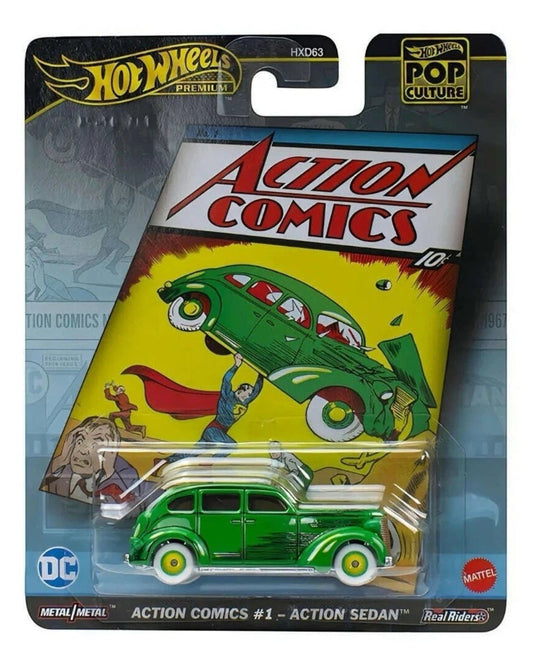 VaultifyUK Hot Wheels Premium Pop Culture DC Action Comics sedan die-cast car in green with comic book packaging