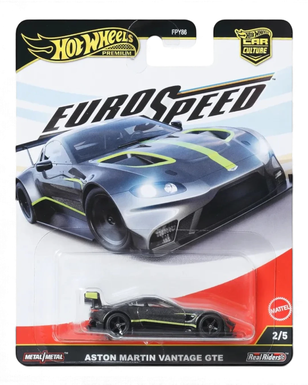 VaultifyUK Hot Wheels Premium Aston Martin Vantage GTE in dark grey with lime-green stripes on blister card packaging.