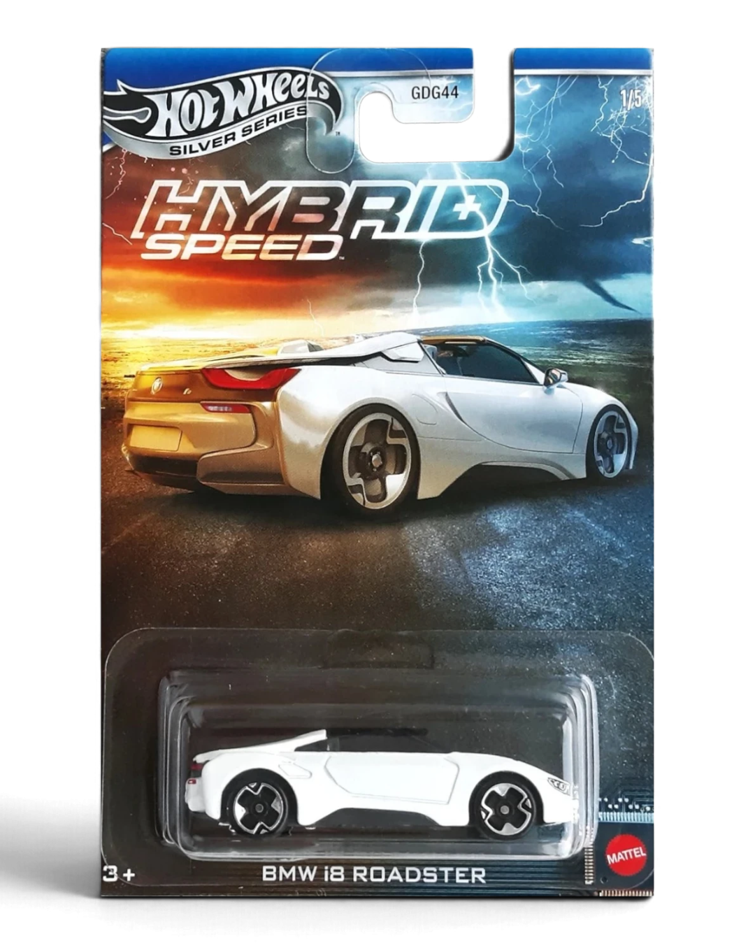 VaultifyUK Hot Wheels BMW i8 Roadster in pearl white with black roof, 1:64 scale die-cast car on Hybrid Speed card.