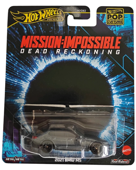 VaultifyUK Hot Wheels Premium 2021 BMW M5 die-cast car in Mission: Impossible Dead Reckoning blister packaging.