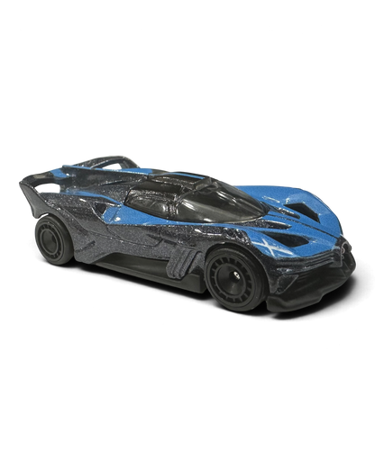 VaultifyUK Hot Wheels Premium Bugatti Bolide die-cast car in metallic blue and black with Real Riders wheels.
