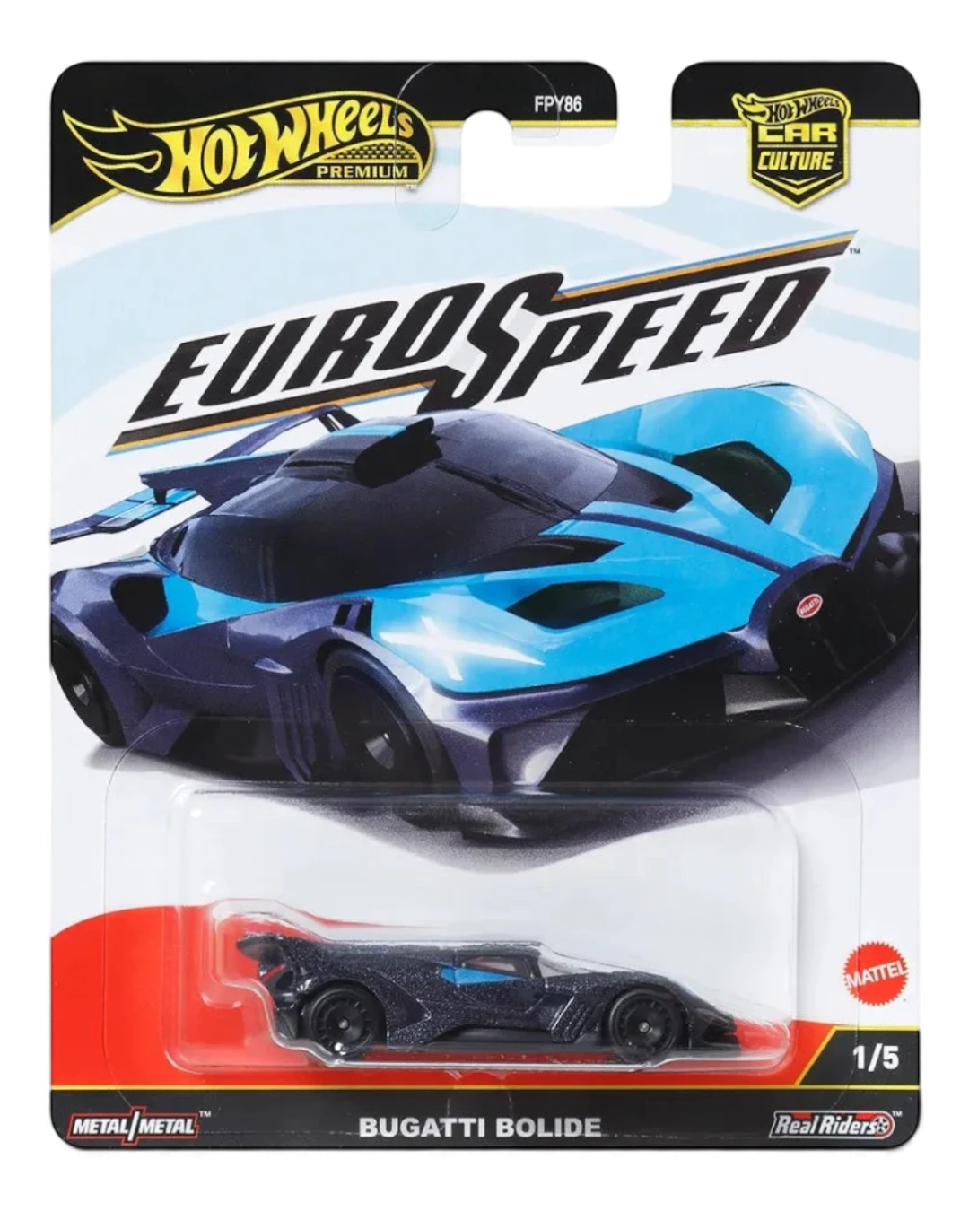 VaultifyUK Hot Wheels Premium Bugatti Bolide die-cast car in metallic blue on EuroSpeed blister card packaging.