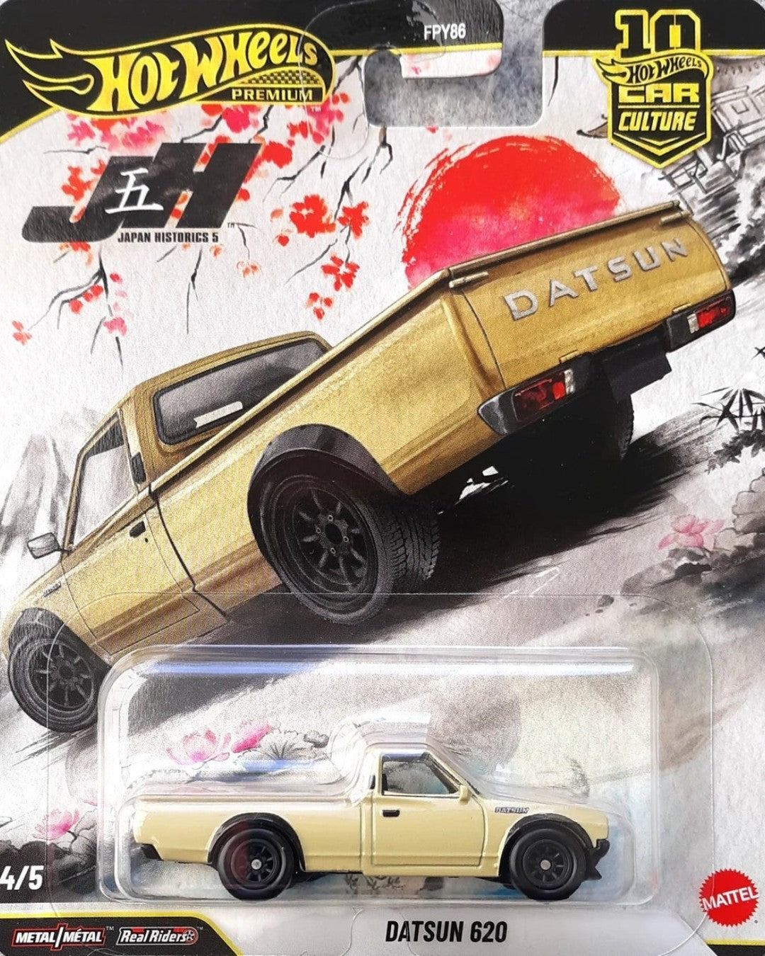 VaultifyUK Hot Wheels Premium Japan Historics 5 Datsun 620 die-cast truck in cream with black wheels on blister card