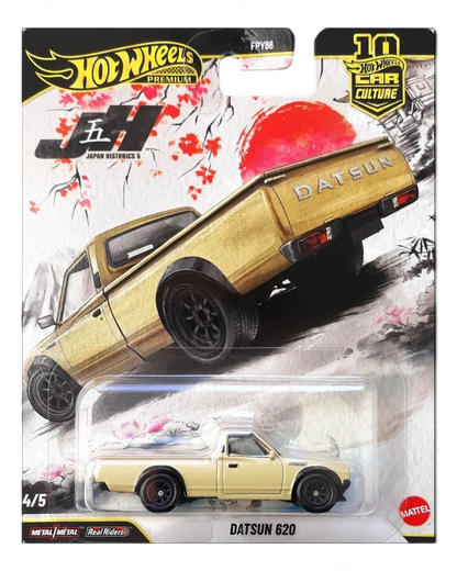 VaultifyUK Hot Wheels Premium Datsun 620 cream pickup truck with black fenders and wheels in Japan Historics packaging.