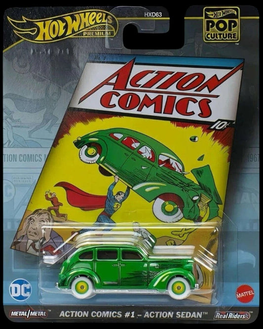 VaultifyUK Hot Wheels Premium Pop Culture DC Action Comics green sedan die-cast car in original blister packaging