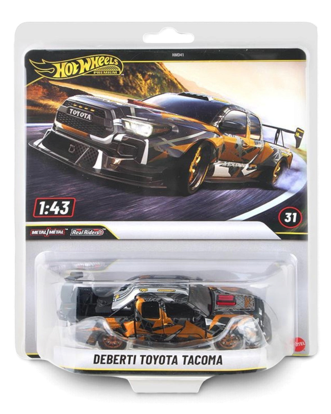 VaultifyUK Hot Wheels Premium 1:43 DeBerti Toyota Tacoma diecast truck in black, grey, and orange camo with bronze wheels