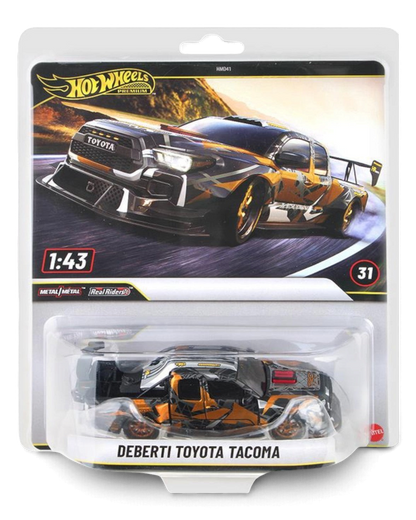 VaultifyUK Hot Wheels Premium 1:43 DeBerti Toyota Tacoma diecast truck in black, grey, and orange camo with bronze wheels
