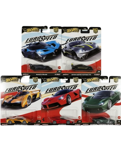 VaultifyUK Hot Wheels Premium EuroSpeed collection featuring five die-cast supercars in blister packaging