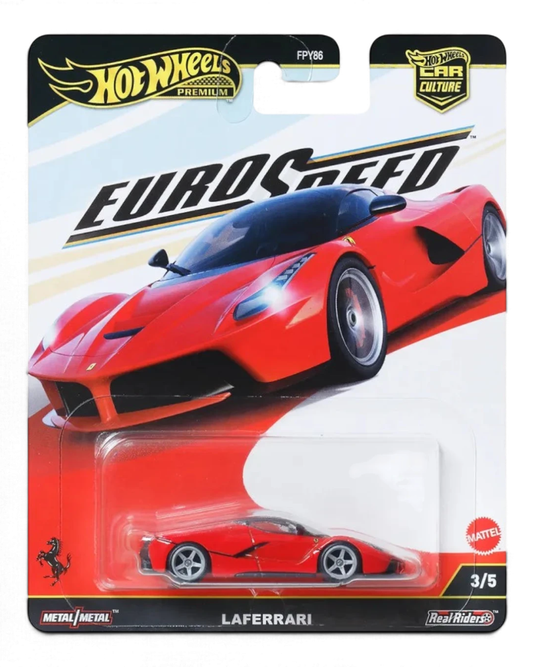 VaultifyUK Hot Wheels Premium Ferrari LaFerrari die-cast car in Rosso Corsa red with Real Riders wheels on blister card
