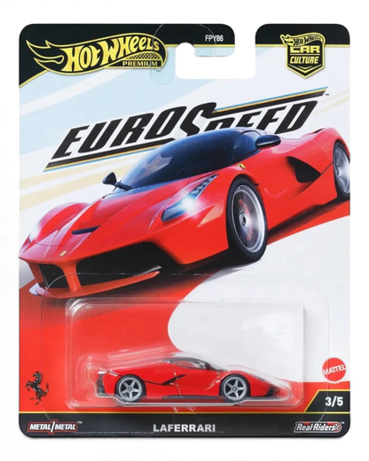 VaultifyUK Hot Wheels Premium Ferrari LaFerrari die-cast car in Rosso Corsa red with Real Riders wheels on blister card