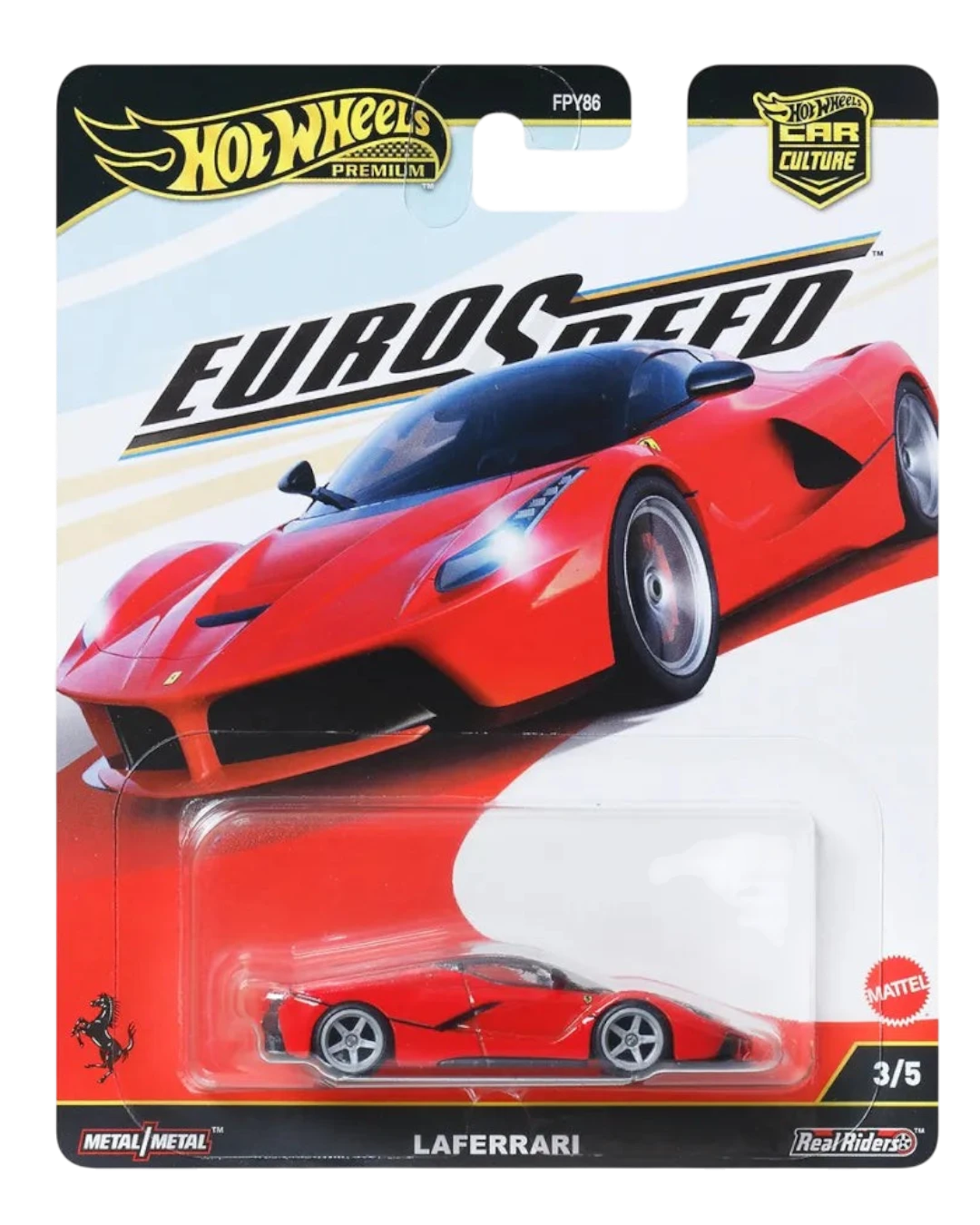 VaultifyUK Hot Wheels Premium Car Culture EuroSpeed Ferrari LaFerrari die-cast car in red blister packaging.