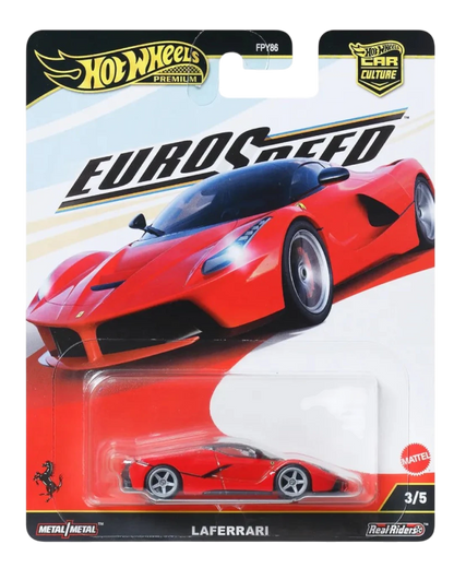VaultifyUK Hot Wheels Premium Car Culture EuroSpeed Ferrari LaFerrari die-cast car in red blister packaging.