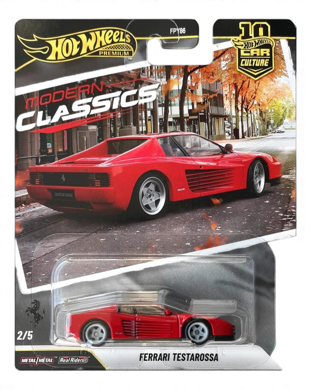 VaultifyUK Hot Wheels Premium Ferrari Testarossa red die-cast car in Modern Classics packaging with Real Riders tires.