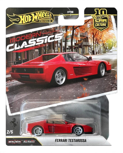 VaultifyUK Hot Wheels Premium Ferrari Testarossa red die-cast car in Modern Classics packaging with Real Riders tires.