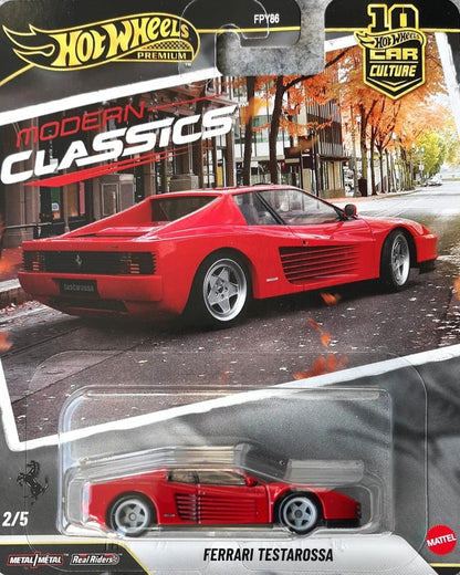 VaultifyUK Hot Wheels Premium Modern Classics Ferrari Testarossa die-cast car in red packaging