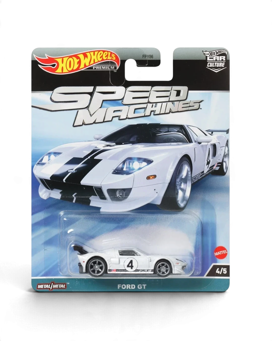 VaultifyUK Hot Wheels Premium Speed Machines Ford GT die-cast car in white with black racing stripes on blister card