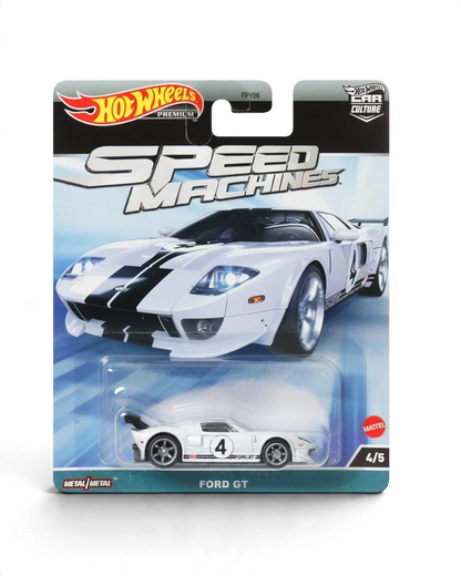 VaultifyUK Hot Wheels Premium Speed Machines Ford GT die-cast car in white with black racing stripes on blister card