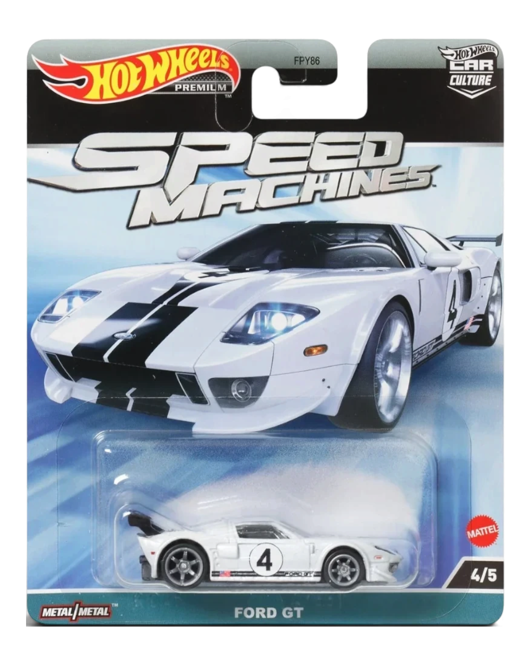 VaultifyUK Hot Wheels Premium Ford GT die-cast car in white with black racing stripes and number 4 livery on card.