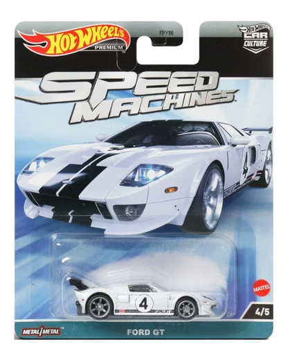 VaultifyUK Hot Wheels Premium Ford GT die-cast car in white with black racing stripes and number 4 livery on card.