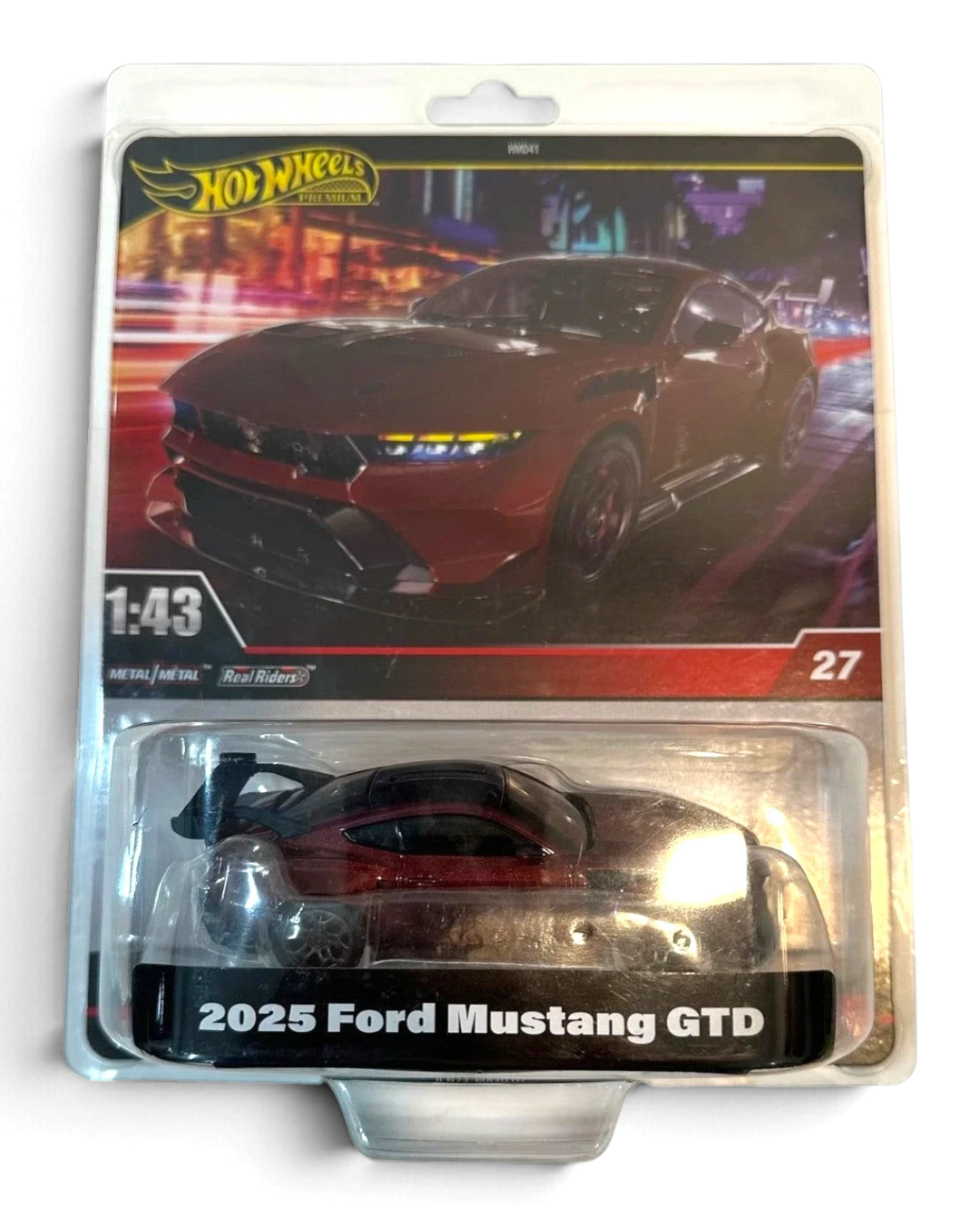 VaultifyUK Hot Wheels Premium 1:43 scale 2025 Ford Mustang GTD diecast car in deep red with black aero details.