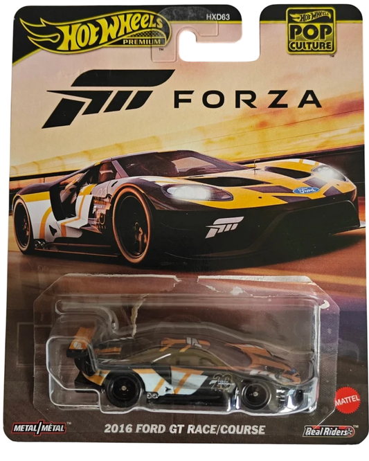 VaultifyUK Hot Wheels Premium Forza 2016 Ford GT Race die-cast car in blister packaging with racing graphics