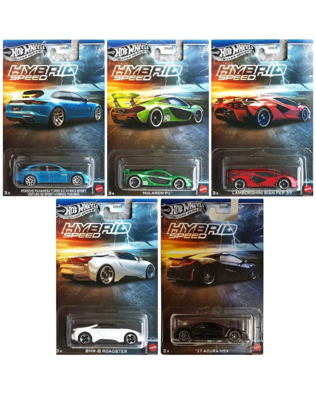 VaultifyUK Hot Wheels Silver Series Hybrid Speed collection featuring five die-cast sports cars in blister packaging