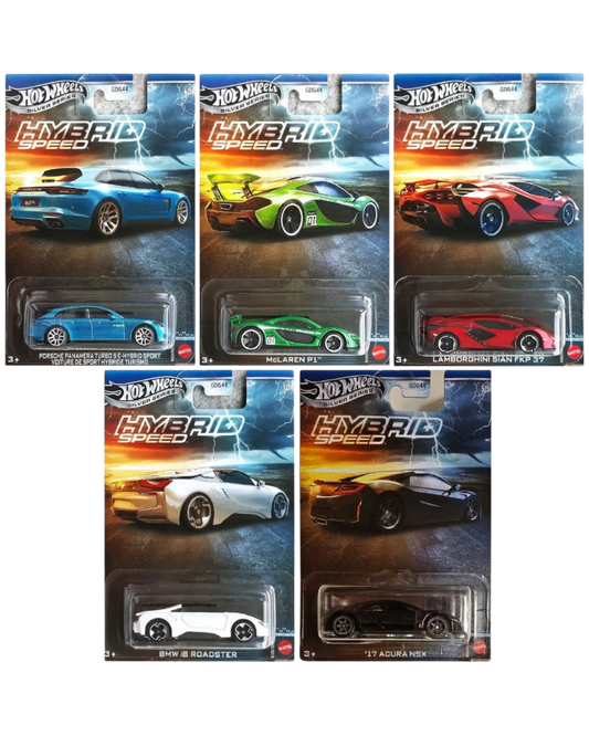 VaultifyUK Hot Wheels Silver Series Hybrid Speed collection featuring five die-cast sports cars in blister packaging