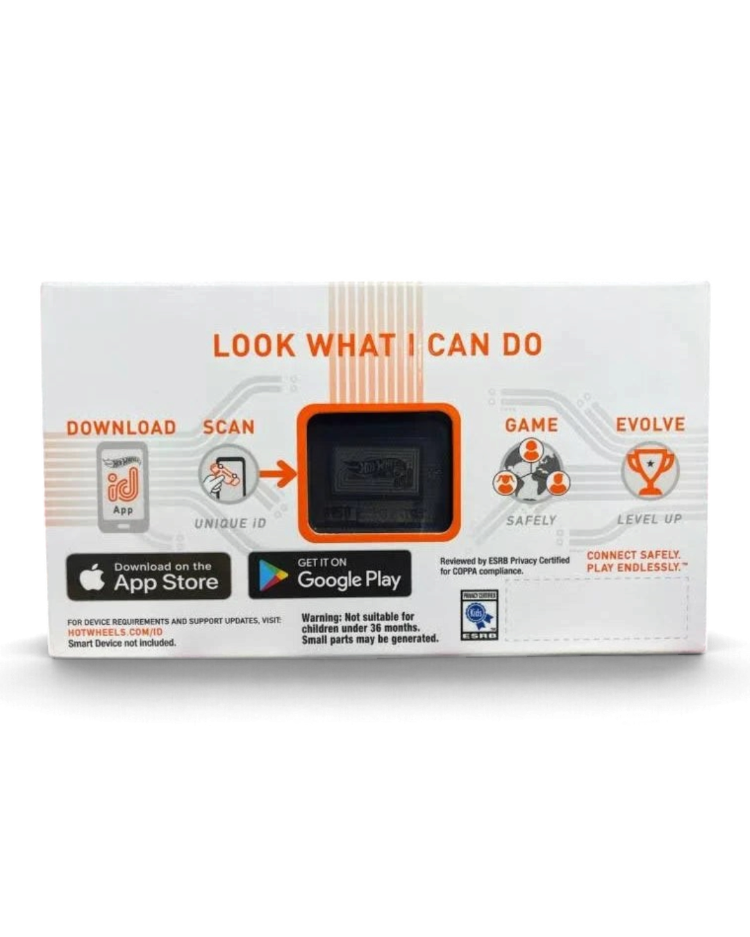 VaultifyUK Hot Wheels iD packaging back showing app integration, NFC scanning instructions, and digital game features