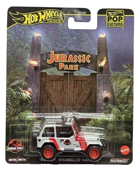 VaultifyUK Hot Wheels Premium Jurassic Park 1992 Jeep Wrangler Sahara die-cast car in original blister packaging