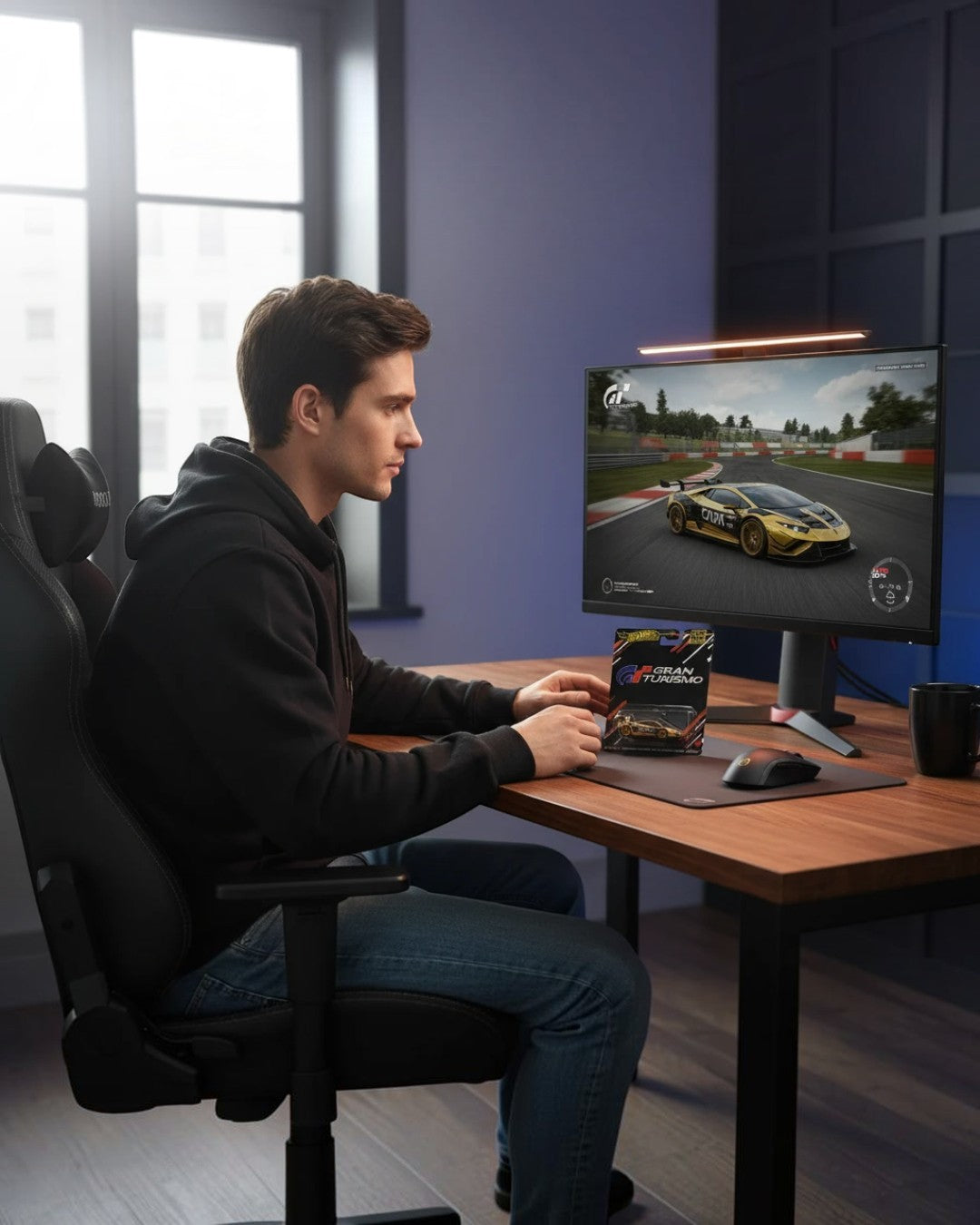 VaultifyUK gamer holding a Hot Wheels Gran Turismo Lamborghini Huracán die-cast car in front of a racing game monitor